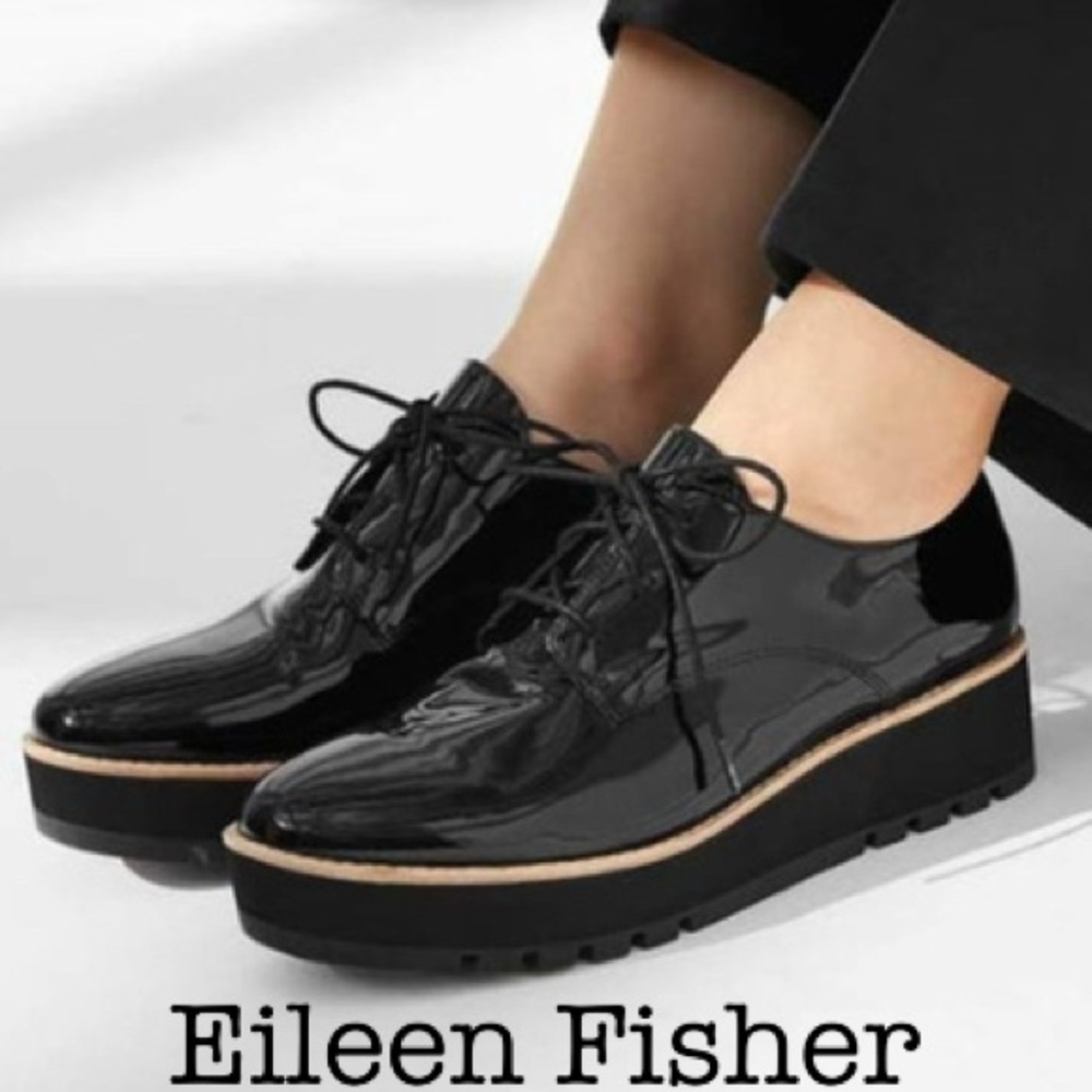 Eileen Fisher Eddie Black Patent Leather Modern Platform Oxfords Size 7 - Picture 1 of 14